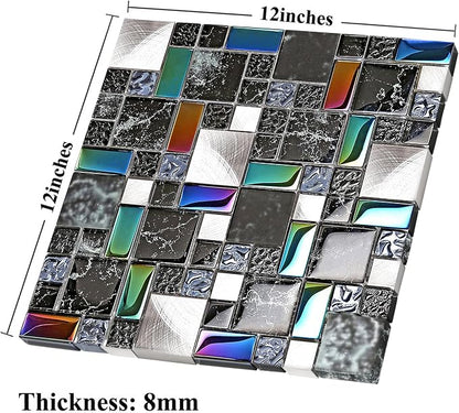 Wall Backsplash Tile Black Glass Silver Metal Iridescent Vibrant Colors for Home Project Kitchen Bathroom Shower Accents Walls Decoration TSTMGB026 (5 Square Feet)