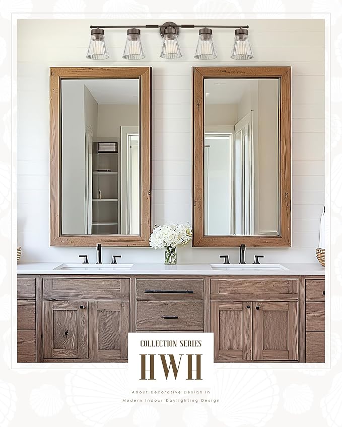 5-Light Bathroom Vanity Light, HWH Farmhouse Vanity Lights for Bathroom Vanity Lamp Oil Rubbed Bronze, Vanity Sconce with Clear Striped Glass, 5HZG97B-5W ORB