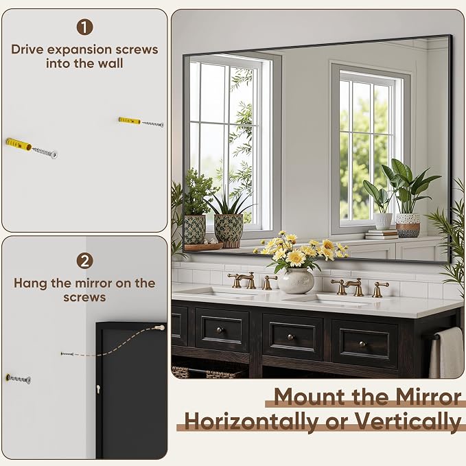 Bathroom Mirror 50" x 30", Large Rectangle Wall Mirror, Black Metal Frame Wall Mounted Mirrors for Bathroom, Vanity, Bedroom, Entryway Decor(Horizontal/Vertical)