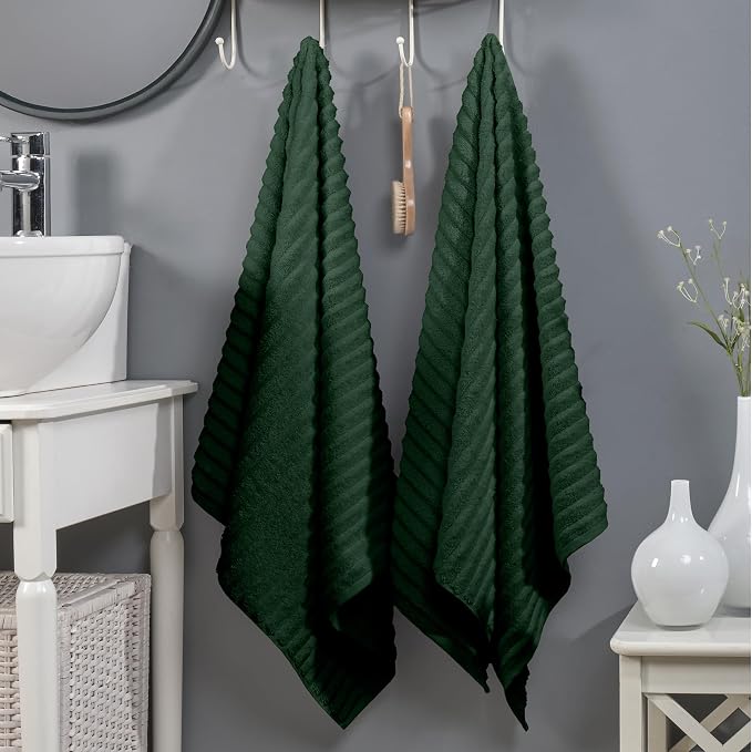 Elegant Comfort 100% Turkish Cotton Corduroy Ribbed Luxury Soft 2 Pack Bath Towels 27 x 54 Inch - Ultra Plush, Absorbent, Quick Dry, Hotel Spa Quality Towels for Bathroom Essentials, Hunter Green