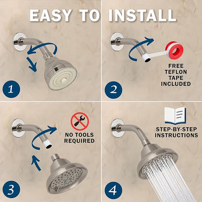 Aqua Elegante Massage Shower Head With Mist - 2.5 GPM - Brushed Nickel | High Pressure Boosting, 6 Function Adjustable Massaging Rainfall Showerhead For Low Flow Baths With Water Saving Nozzles