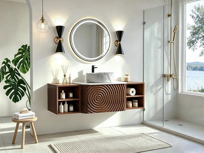 48" Floating Bathroom Vanity with Sink, Mid-Century Wall Mounted Bathroom Vanity Cabinet with Wood Waved Decor,Marble Ceramic Basin and Sintered Stone Top, Soft Close Drawer, 2 Side Open Cube
