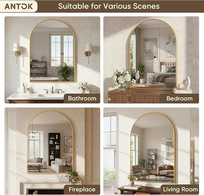 Antok Arched Bathroom Mirror, 30"x40" Wall Mounted Mirror, Vanity Mirrors for Over Sink, Aluminum Alloy Frame Bathroom Mirrors Living Room, Bedroom and Entryway, Gold