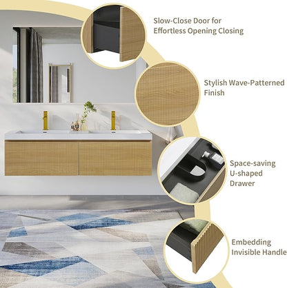 60'' Floating Bathroom Vanity with Sink Combo, Modern Wall-Mounted Striped Bathroom Storage Cabinet with Soft-Close Drawer and Double Glossy White Solid Surface Basins, Natural Oak
