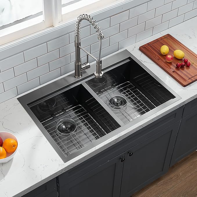 KINGO HOME 33x22 Double Bowl Kitchen Sink 33 Inch Black, Stainless Steel Drop in Double Basin Kitchen Sinks, Topmonut 50/50 Framhouse Sinks Workstation Sink with Accessories