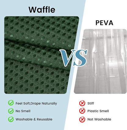 SORTTO No Hook Shower Curtain with Snap in Liner Set Waffle Shower Curtain for Bathroom Hotel Style Fabric Waterproof Inner Liner，71" W x 74" H, Dark Green