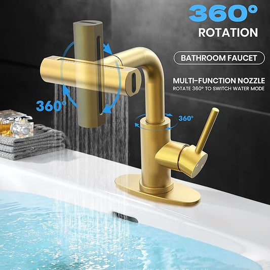 Gold Bathroom Faucet with Sprayer - Brushed Gold Bathroom Faucets for Sink 1 Hole or 3 Holes, 4 Mode Single Handle Vanity Faucet Waterfall Bathroom Faucet with Pull Down Sprayer (No Drain)