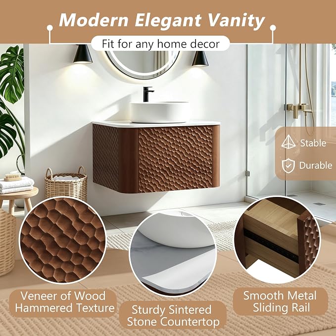 48 Inch Modern Bathroom Vanity with Ceramic Sink, Floating Bathroom Sink Cabinet with Sintered Stone Top&Solid Wood Hammered Frame, Single Bathroom Vanities w/Soft-Close Drawer&2 Side Open Cube