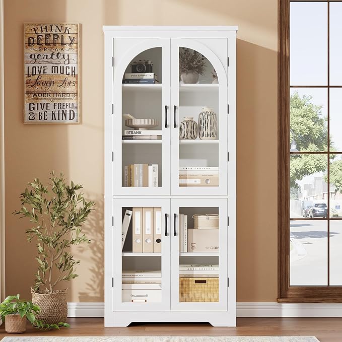 Garvee 70" Tall Kitchen Pantry Cabinet with 4 Arched Glass Doors, White | Modern Display Cabinet with Adjustable Shelves, Versatile Cupboard Organizers for Kitchen, Dining Room, Living Room, Bathroom