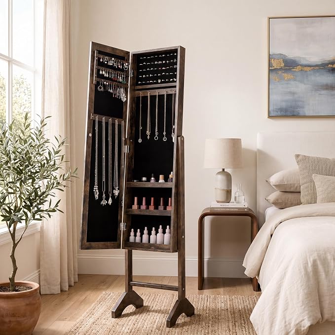 Giantex Jewelry Armoire with Full Length Mirror, Freestanding Jewelry Organizer Cabinet with Ring Slots, Earring Holders, Necklace Hooks & Storage Shelves for Bedroom (Rustic Brown)