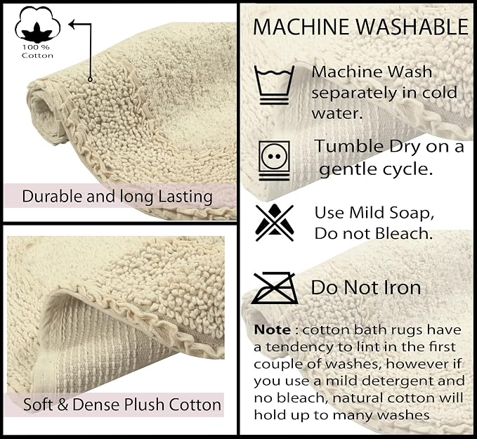 Home Weavers Radiant Collection 100% Cotton Bathroom Rugs Set, Washable Rug, Soft Cotton Extra Soft and Absorbent Bath Rug, Kitchen Mat, Bath Mat Set, Bath Floor Mat Non Slip, 20"x20" Contour, Ivory