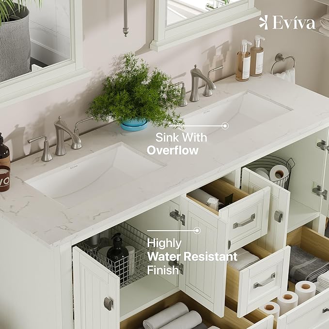 Eviva Britney 60 in. White Double Sink Bath Vanity with Carrara Quartz Top and Undermount Porcelain Sinks