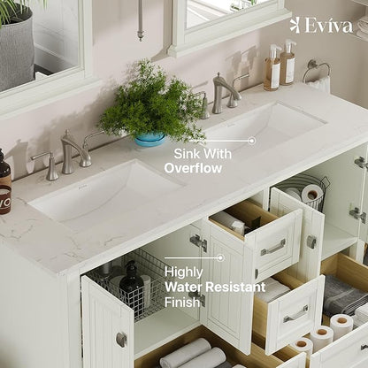 Eviva Britney 60 in. White Double Sink Bath Vanity with Carrara Quartz Top and Undermount Porcelain Sinks