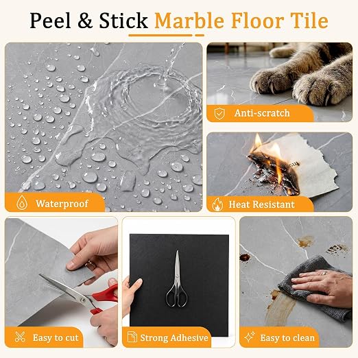 DEXDE Peel and Stick Floor Tile 18x18 Marble Vinyl Flooring Waterproof 20PC | Floor Tiles Peel and Stick Waterproof, Self Adhesive Floor Tiles, Sticky Floor Tiles Bathroom Floor Tiles 1.5FTx1.5FT Gray