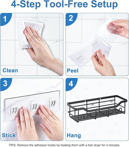 Shower Caddy Adhesive Bathroom Shelf, 2-Pack Rustproof Shower Organizer with Soap Holder, Wall Mounted Shelves for Large Storage with 16 Hooks