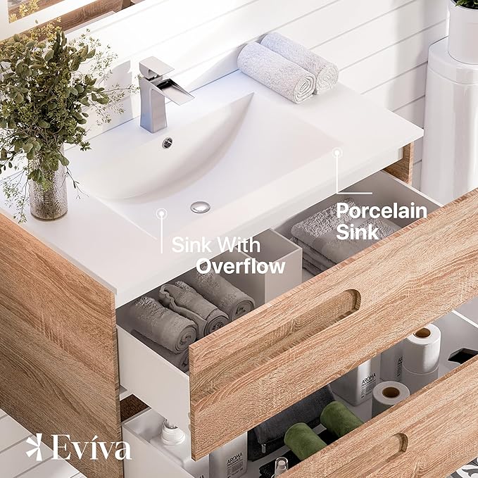 Eviva Joy 40 in. Maple Wall MountSingle Sink Bath Vanity with Porcelain Top and Integrated Sink