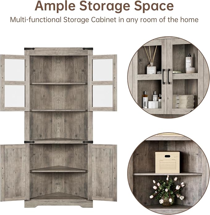 GarveeHome Tall Corner Cabinet, Farmhouse Corner Storage Cabinet with Glass Door & Adjustable Shelves, Space Saving Storage for Living Room, Kitchen, Bathroom, Washed Grey