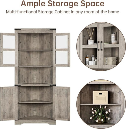 GarveeHome Tall Corner Cabinet, Farmhouse Corner Storage Cabinet with Glass Door & Adjustable Shelves, Space Saving Storage for Living Room, Kitchen, Bathroom, Washed Grey