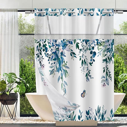No Hook Shower Curtain and Liner Set, Dark Blue Eucalyptus 71x74 | Floral Design, with Snap in Liner, Waterproof, Machine Washable, Quick-Drying, for Hotel Bathroom