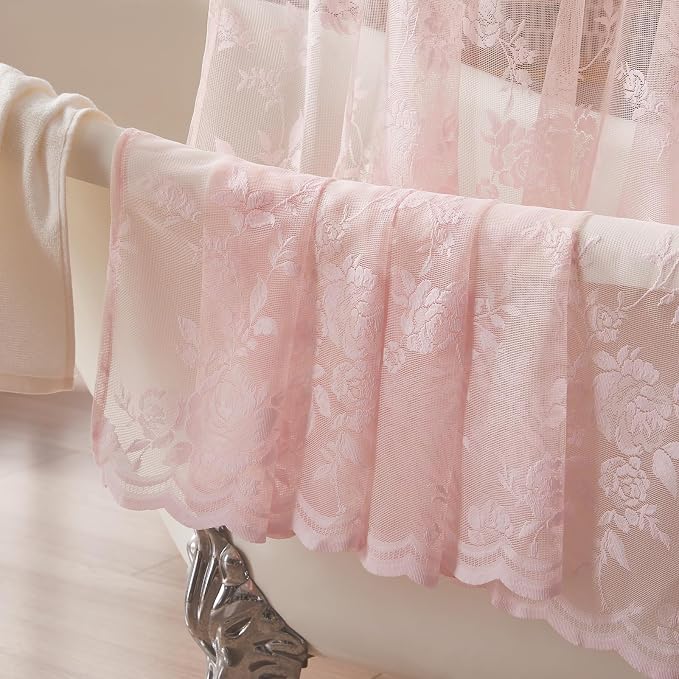 SEEKRIGHT Pink Lace Shower Curtain with Attached Valance Romantic Floral Shower Curtain Cute Scalloped Edge Lace Shabby Chic Bath Curtains for Spa Hotel Bathroom Farmhouse Decor, 1 Panel, 36x72