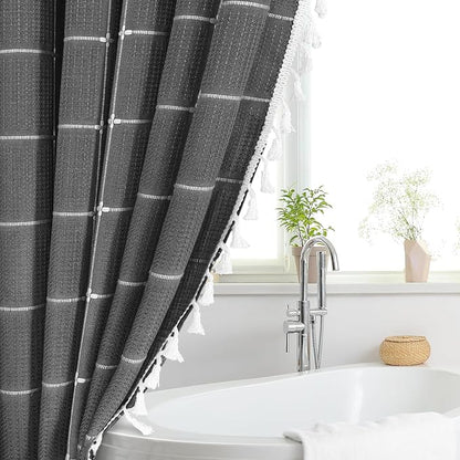Charcoal Grey Boho Farmhouse Shower Curtain for Bathroom 72x72 | French Country Plaid Tassel Shower Curtain, Rustic Aesthetic Bathroom Decor Windows Curtain