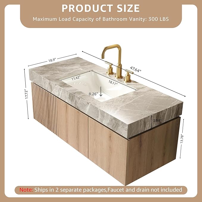 48” Floating Bathroom Vanity with Sink, Wall-Mounted Cabinet with Drawer & Doors, Gray Travertine-Pattern Sintered Stone Top, Undermount Basin, 3 Faucet Hole, Soft-Close, Pre-Assembled, Light Oak