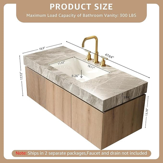48” Floating Bathroom Vanity with Sink, Wall-Mounted Cabinet with Drawer & Doors, Gray Travertine-Pattern Sintered Stone Top, Undermount Basin, 3 Faucet Hole, Soft-Close, Pre-Assembled, Light Oak