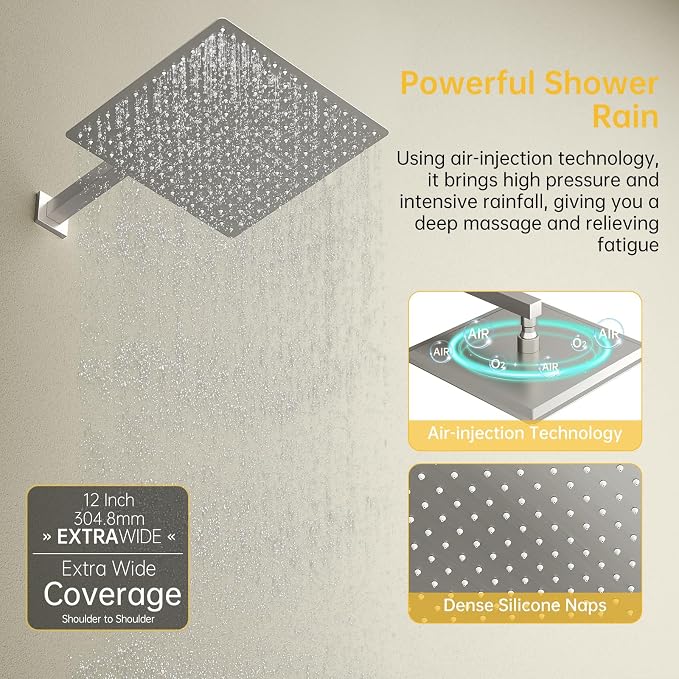 12 Inch Rainfall Shower System Rain Shower Head Combo Shower Faucet Fixture | Shower Head and Handle Set Wall Mounted Shower Mixer Kit Valve Nickel