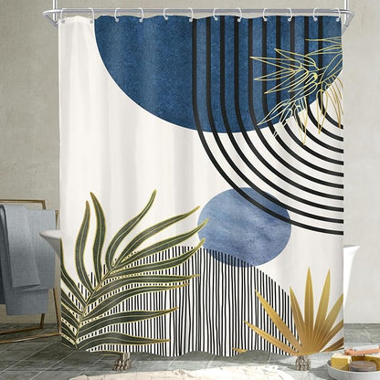 Mid Century Blue Green Boho Abstract Modern Bathroom Shower Curtain Set | 54Wx78H Chic Plants design, waterproof HD print with fast-drying fabric and 12 hooks.