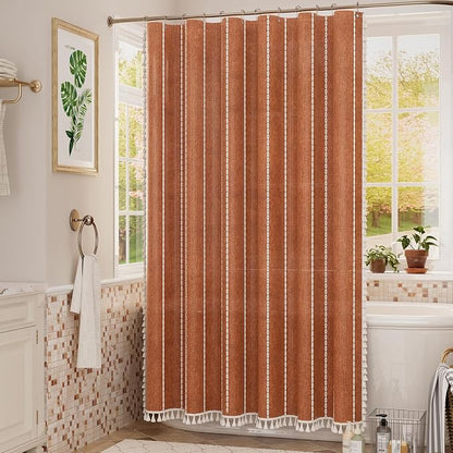 Bathway Farmhouse Shower Curtain Boho with Tassels, Linen Blend Heavy Duty Shower Curtain Set with 12 Metal Hooks, Vintage Rustic Fabric Curtain for Children Bathroom Window, 72x72 Inches, Fire Orange