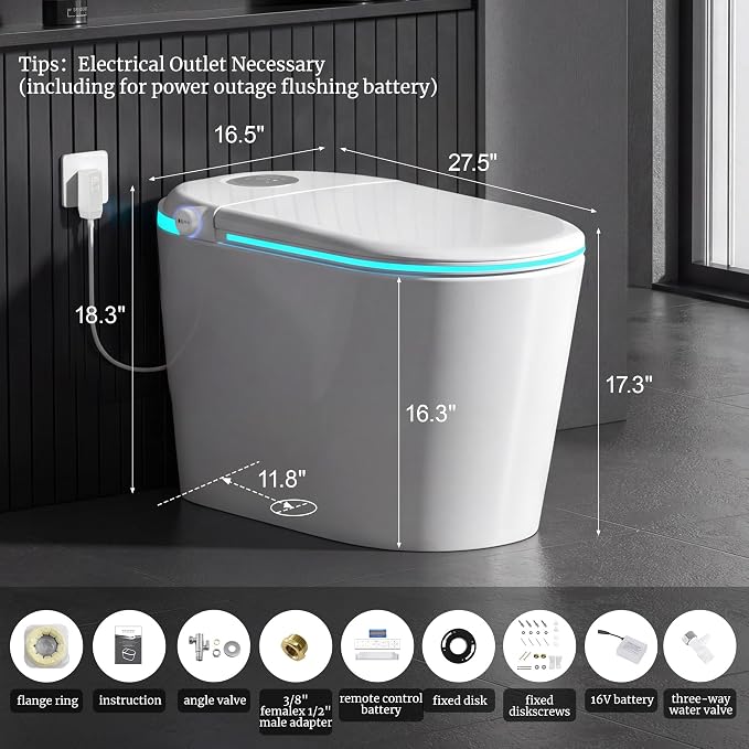 Smart Toilet with Tank Electric Bidet Toilet with ADA Comfort Height | Heated Seat Auto Flush/Lid&Seat Foot Sensor UV-C light Dryer One Piece Toilet with with Siphon Flush 1.28 GPF MAP 1000g