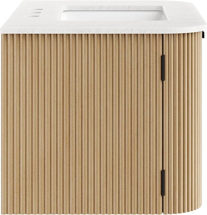 Modway Zia 30 Inch Wall-Mount Bathroom Vanity in Natural with Marble Sink Basin - Floating Bathroom Cabinet with Fluted Design