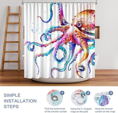 Novelty Summer Shower Curtain Octopus, Nautical Beach Shower Curtain Kraken Ocean Waterproof Polyester Fabric Machine Washable Kids Bathroom shower curtains Decor Bath Curtains with Hooks, 72 x 72