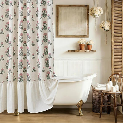 ORTIGIA Linen Textured Ruffle Shower Curtain with Metal Hooks, Vintage Pink Floral Block Print Boho Waterproof Bath Curtain for Rustic Farmhouse Bathroom Decor 72x72 Inch