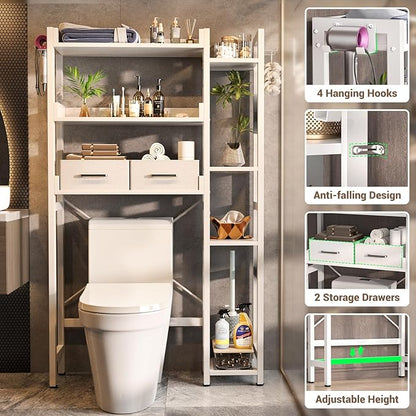 Over The Toilet Storage with 2 Drawers - 7 Tier Bathroom Organizer with Adjustable Shelf, Freestanding Space Saver Storage Rack Above Toilet Stand with 4 Hooks for Restroom, Laundry, White