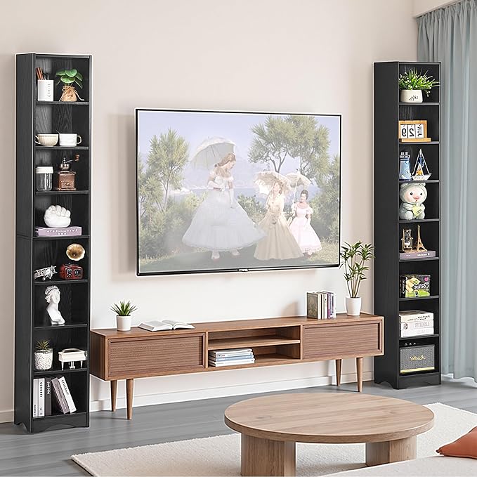 VECELO Tall Open Narrow Bookshelf, 6 Adjustable Movable Shelves, Wood Space Saving Corner Storage Rack for Small Spaces, Sleek Black