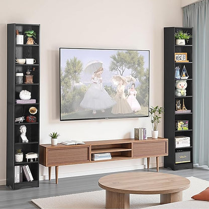 VECELO Tall Open Narrow Bookshelf, 6 Adjustable Movable Shelves, Wood Space Saving Corner Storage Rack for Small Spaces, Sleek Black