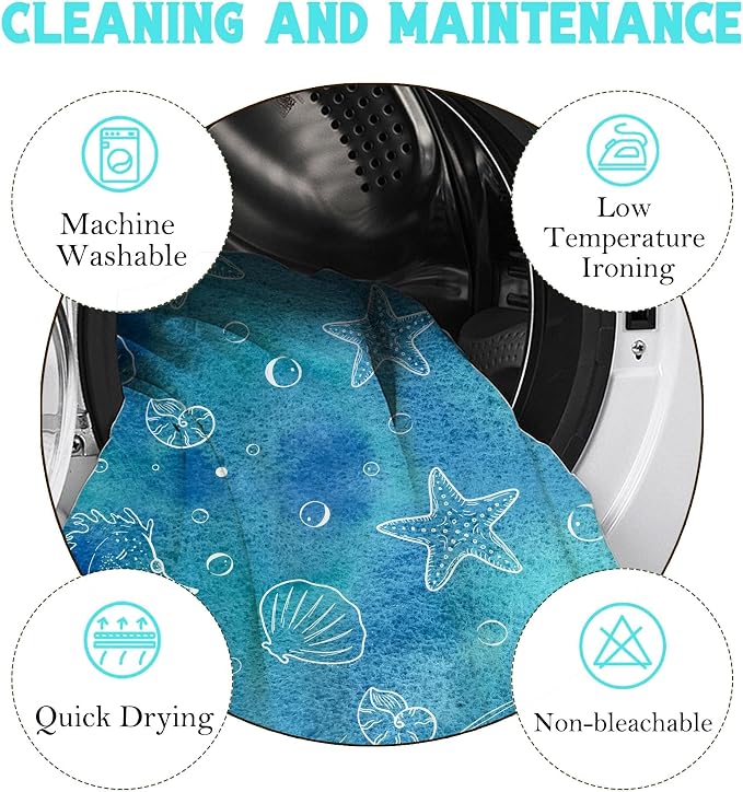 Blue Coastal Seashell Starfish Seahorse Shower Curtain Set 72x72 Inches | Seashell Starfish Seahorse Coastal Print, Coastal Beach Home Guest Housewarming Ocean Lover Bath Decor, With Fabric Hooks