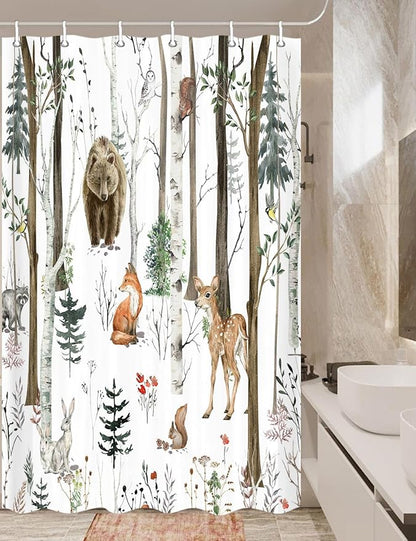 JAWO Rustic Forest Shower Curtain - Lodge Cabin Woodsy RV Wildlife Animals Woodland Campers Camping Bathroom Set with Hooks, 36X72 Inch, White