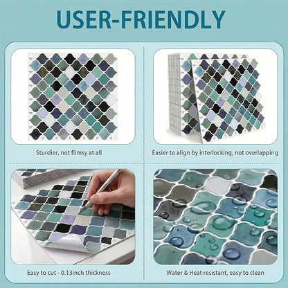 Arttown Peel and Stick 3D Wall Backsplash 10-Sheet 12" × 12" Moroccan Teal | Subway Tile Self Adhesive Thicker Design Wall Tiles Panel Wallpaper for Kitchen Bathroom Balcony Rental Housing
