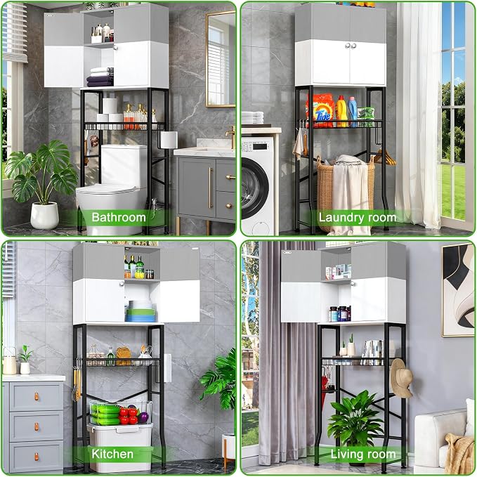 Over-The-Toilet Storage Rack, 4-Tier Bathroom Organizer Shelf Over Toilet with Barn Doors Cabinet and Basket, Freestanding Space Saver Bathroom Shelves with Paper Holder Above Toilet (Gray & White)