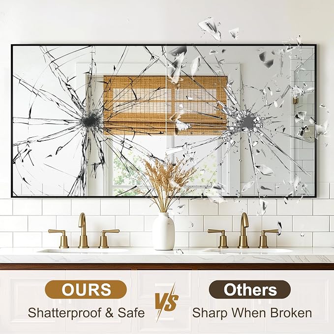 Rectangular Bathroom Mirror, 60"x30" Black Metal Framed Vanity Mirror | HD Shatterproof Wall Mirror, Horizontal or Vertical Hanging, Easy Installation for Bathroom, Bedroom, Living Room, Entryway