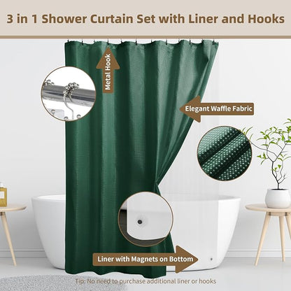 Siiluminisoy Shower Curtain and Liner Set, Waffle Shower Curtain Set with 12 Stainless Steel Hooks, Waterproof Luxury Fabric Shower Curtains for Bathroom and Hotel, Dark Green, 72" W x 84" H