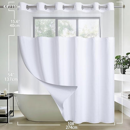 Extra Wide No Hook Waffle Weave Shower Curtain with Snap in Liner Set, 108" x 74" Hotel Luxury White Shower Curtains for Bathroom with See Through Top Window, Waterproof, Washable 108W x 74H