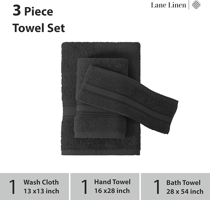 LANE LINEN Luxury Towels Set - 3 Piece Set, 100% Cotton Bathroom Towels, Zero Twist, Quick Dry Shower Towels, Absorbent Bath Towel, Super Soft, 1 Bath Towel, 1 Hand Towel, 1 Wash Cloths - Black | Towel Pack - Terry Weave Comfort, Long-Lasting Comfort, ...