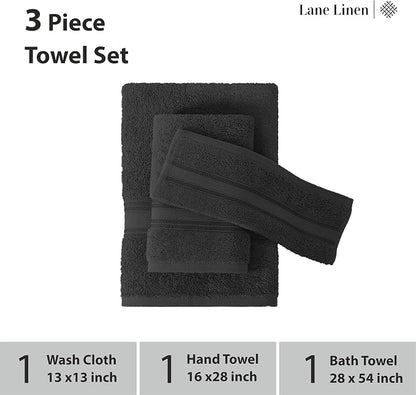 LANE LINEN Luxury Towels Set - 3 Piece Set, 100% Cotton Bathroom Towels, Zero Twist, Quick Dry Shower Towels, Absorbent Bath Towel, Super Soft, 1 Bath Towel, 1 Hand Towel, 1 Wash Cloths - Black | Towel Pack - Terry Weave Comfort, Long-Lasting Comfort, ...