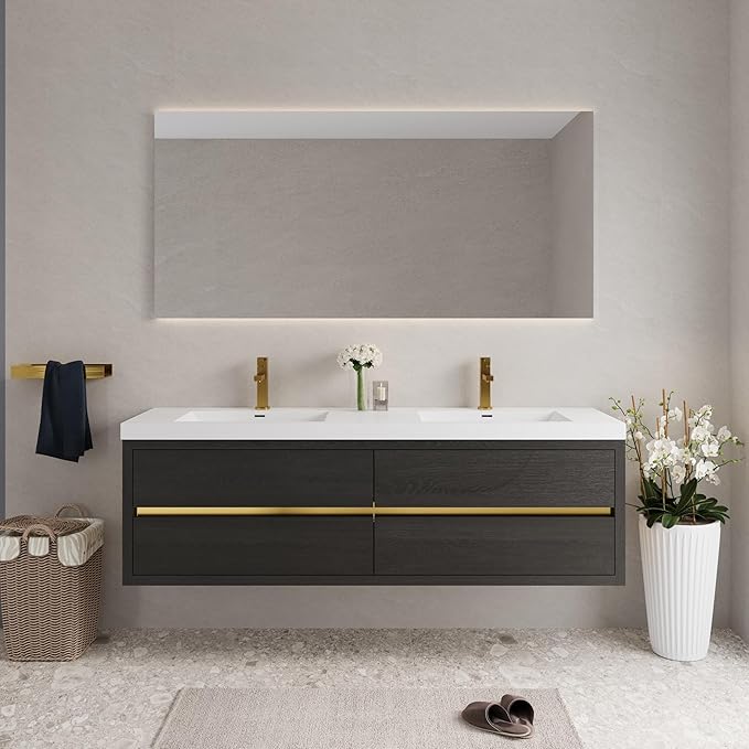 Abruzzo 72" Espresso Wood Wall-Mounted Bathroom Vanity with Double Sink – Stone Resin Countertop & Soft-Close Drawers, Waterproof Wood Cabinet for Bathrooms