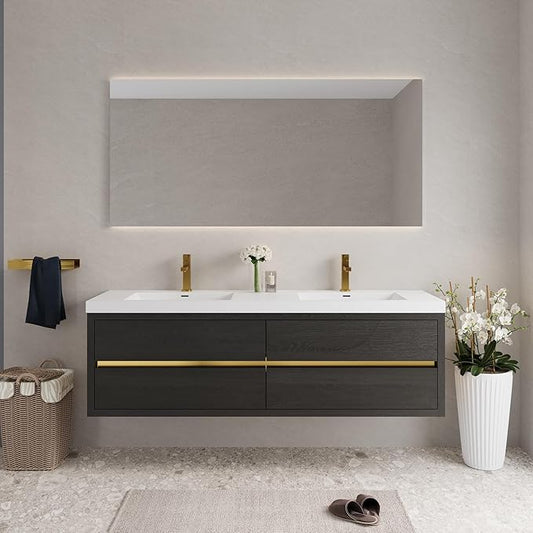 Abruzzo 72" Espresso Wood Wall-Mounted Bathroom Vanity with Double Sink – Stone Resin Countertop & Soft-Close Drawers, Waterproof Wood Cabinet for Bathrooms