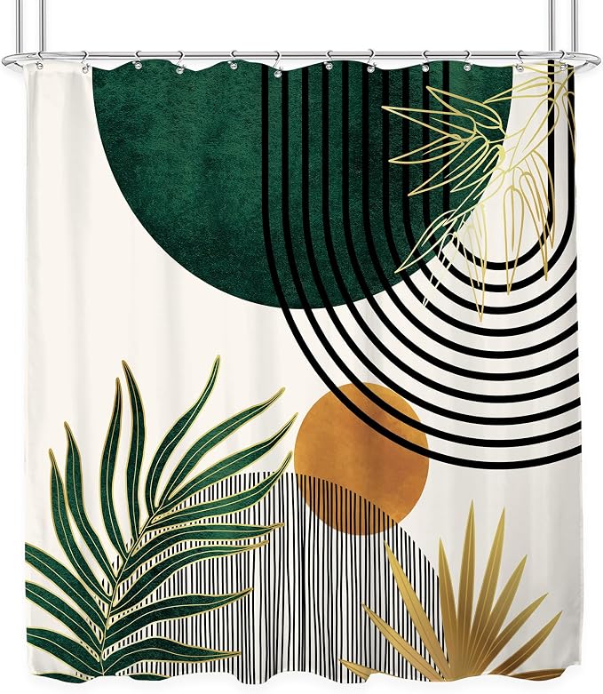 KOMLLEX Mid Century Green Boho Abstract Modern Bathroom Shower Curtain Set | 72Wx72L Plant Botanical design, waterproof HD print with fast-drying fabric and 12 hooks.