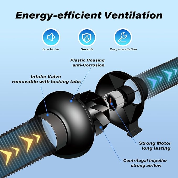 HealSmart 4 Inch Exhaust Inline Duct 195 CFM Quiet Vent Booster Blower for Indoor Grow Tent Hydroponics Ventilation, Fan New, Black